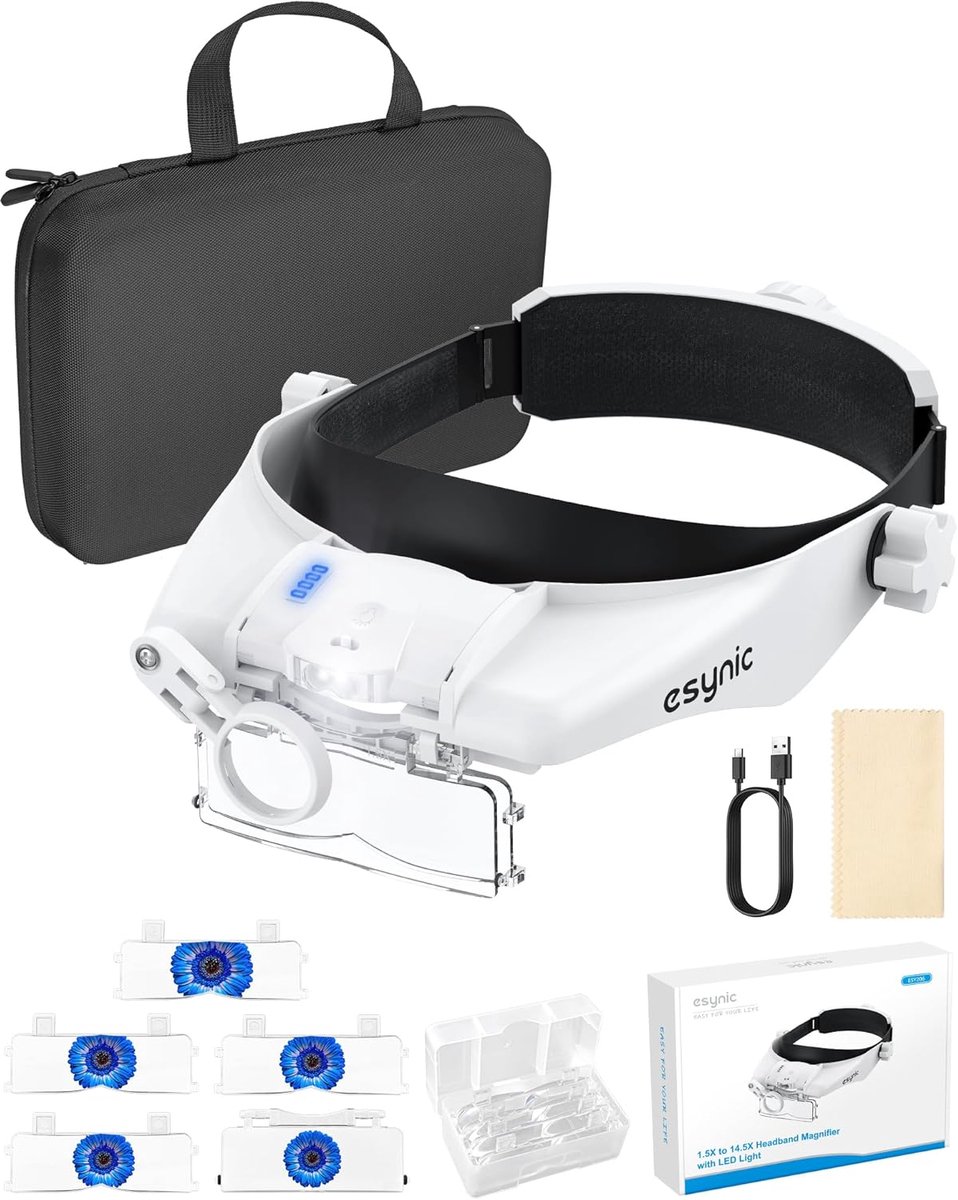 SnelShoppen - LED Hoofdloep Magnifier 2 Handsfree met 5 Lenses 1.5-3.5X + 8X-13X, Verstelbare Verlichting, Type-C Oplaadbaar, Ideaal voor Borduren, Le