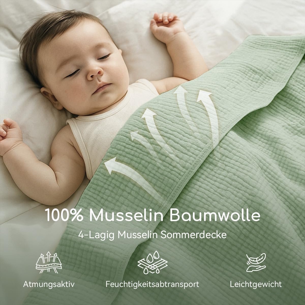 SnelShoppen - Musselin Cuddly Blanket 220x240 cm - 100% Katoenen Plaid - 4-Laags Muslin - Groene Zomerdeken - Oeko-Tex Gecertificeerd - Perfect voor B