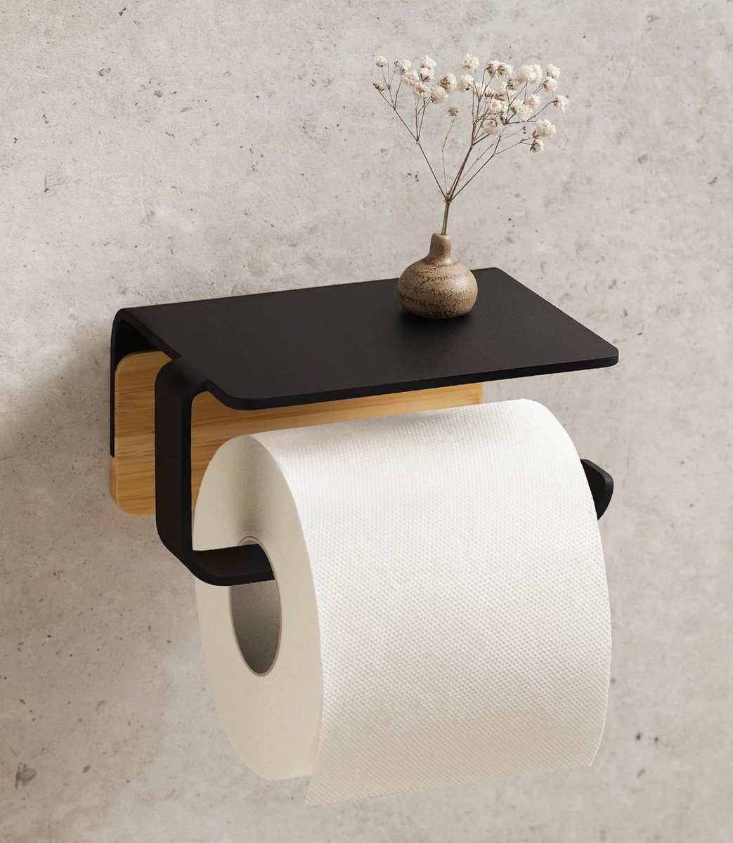 Thijox - Toiletrolhouder zonder boren | Metaal en Bamboehout | Plakbare WC Rolhouder met Plank | Zwart & Bamboe | Ideaal voor Badkamer of Toilet