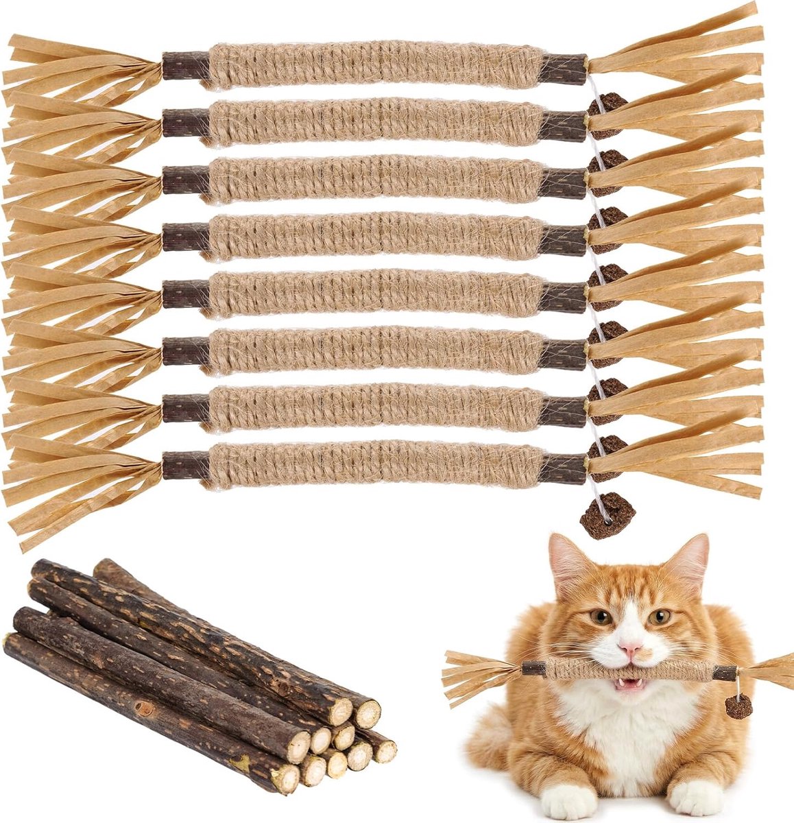 SnelShoppen - 18 Stuks Kattenkauwspeelgoed - 8 Kattenkruid Sticks en 10 Matatabi Sticks - Natuurlijke Kauwsnacks voor Katten - Tandreiniging, Stressve