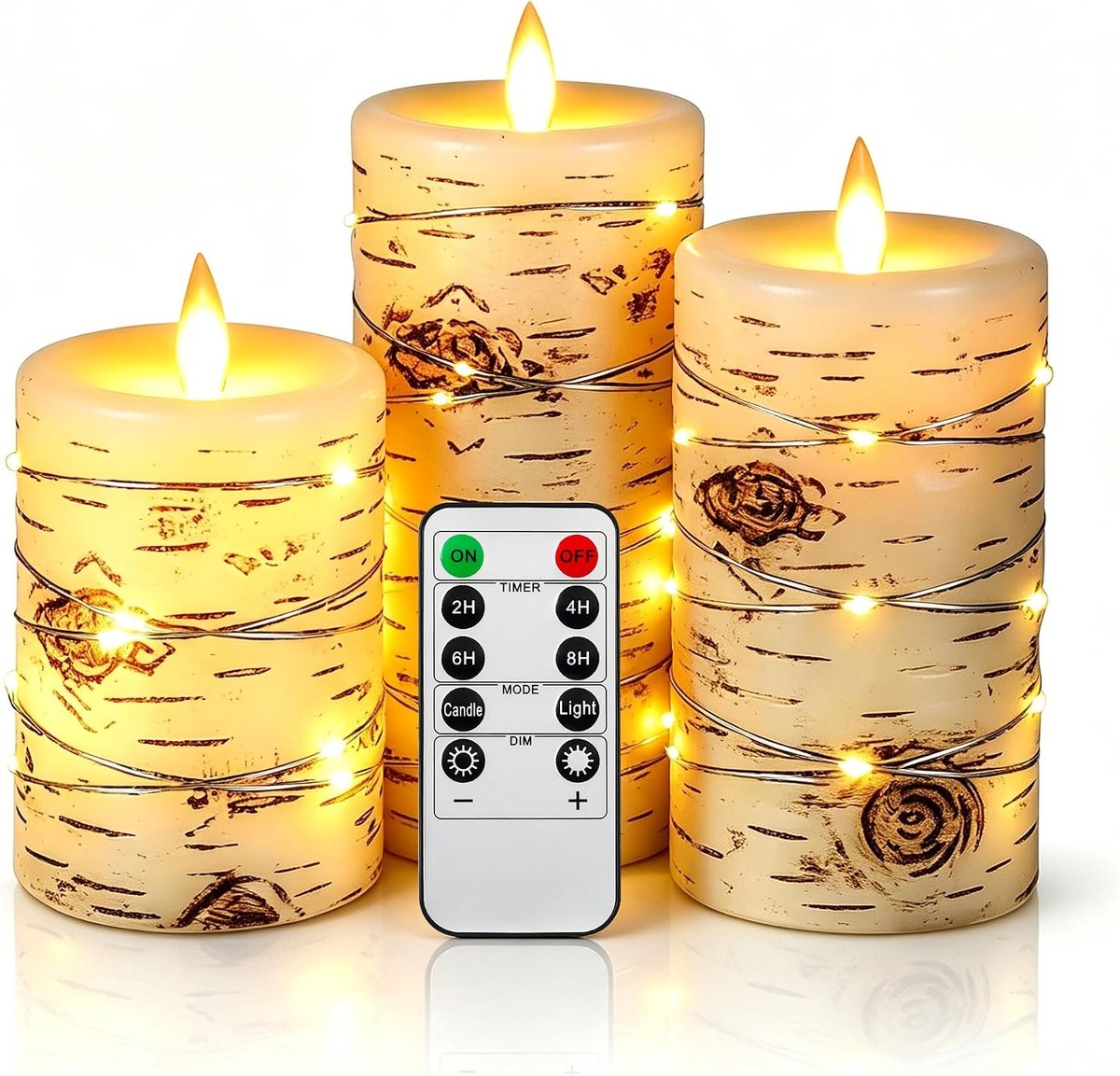 Thijox - Set van 3 Kaarslichten met Berkenschorseffect, Ivoorkleurig, Echte Was, Verzonnen, 10 cm & 5 cm, Dansende LED-vlam, Batterijwerking, Afstands