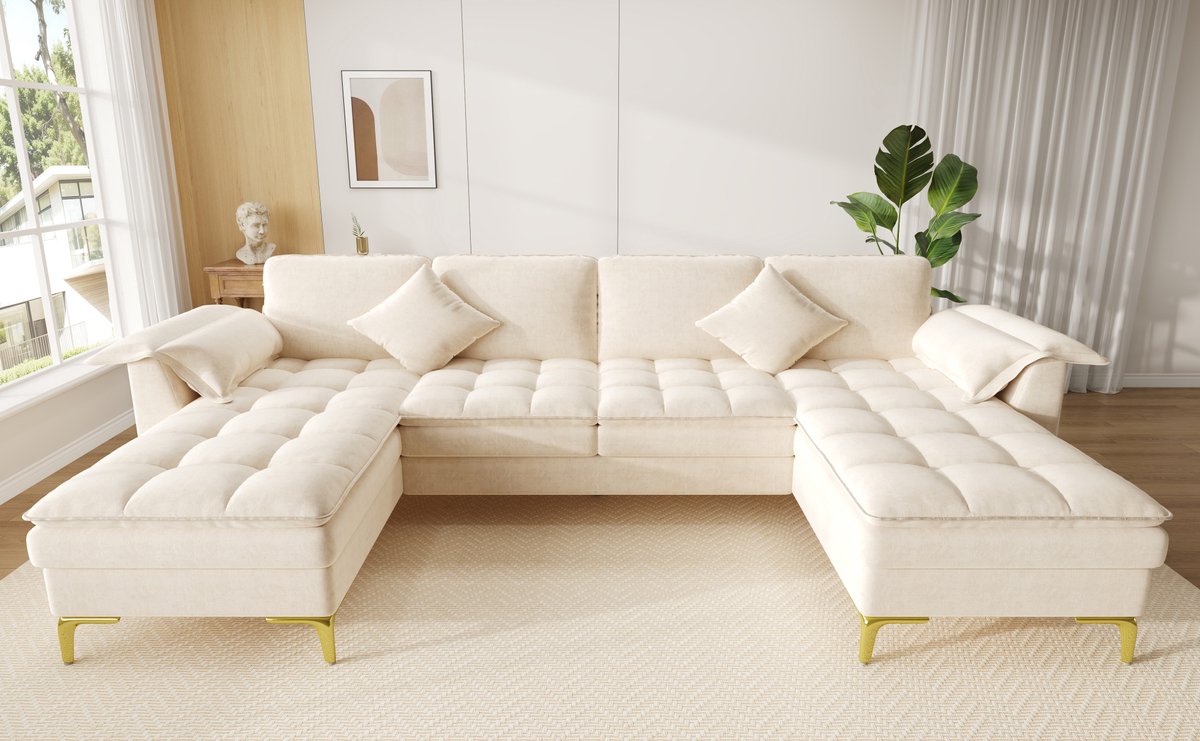 HAUSS SPOLE U-Bank - Modulaire Hoekbank - Met 2 Chaise Longues En 2 Kussens - Wolkachtig Zitcomfort - Voor Woonkamer En Slaapkamer - Chenille Beige