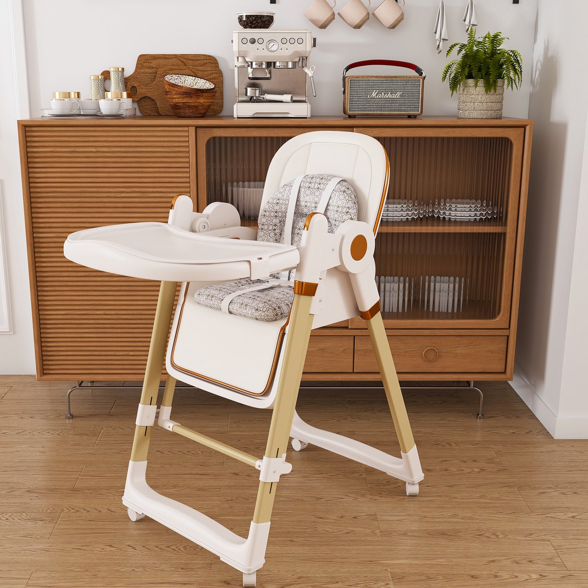 MIVRAY Kinderstoel – 2-in-1 Met Wipfunctie – 59 x 76 x 96 cm – Kunststof En PU – Wit – Inklapbaar Met Verstelbare Hoogte En Eetblad
