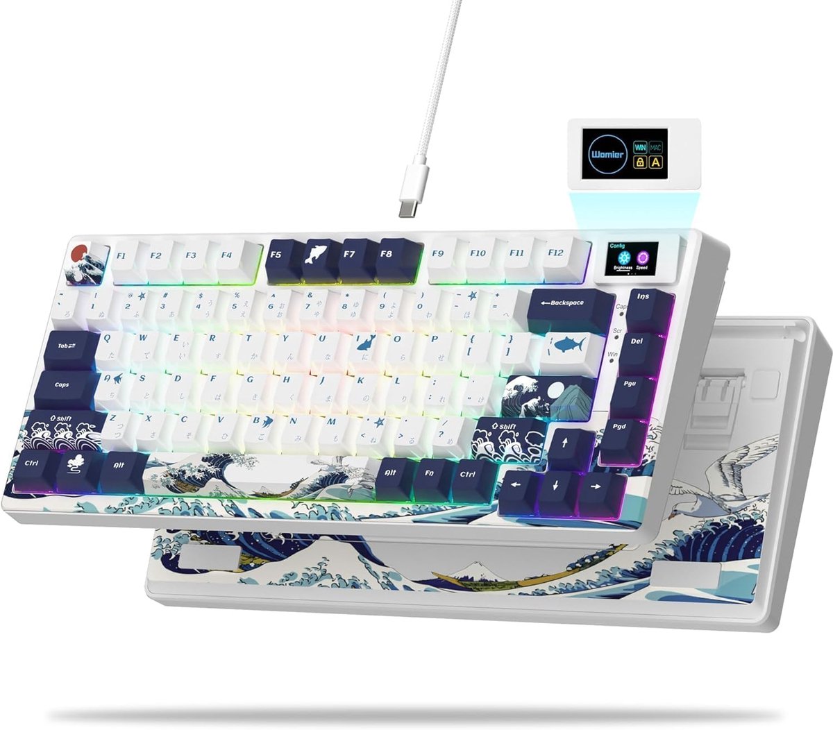 SnelShoppen - SK80 Mechanisch Gaming Toetsenbord 75% - Compact, LED Achtergrondverlichting, USB C, Hot Swappable, Kanagawa Thema, RGB Aangepast Voor M