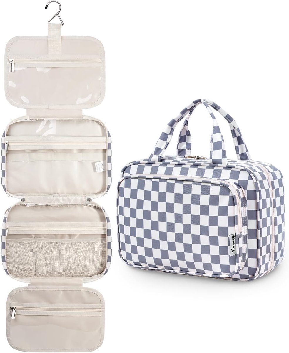 Thijox - Hangende Reis Toilettas voor Vrouwen - Waszak Cosmetica Make-up Organizer - Grijsblauwe Schaakbordprint - Groot - Perfect voor Vakantie, Week