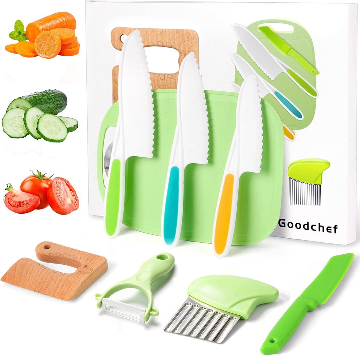 SnelShoppen - Goodchef Kindermes 8-delige Houten Messenset voor Kinderen - Montessori Snijgereedschap, Veilig Koken, BPA-vrij, Krokodil Design, Cadeau