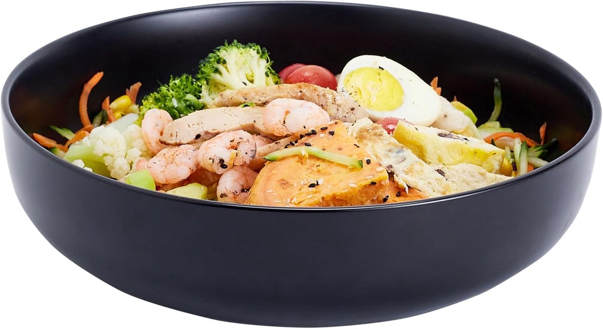 SnelShoppen - 25.4 cm Grote Saladeschaal - 2.8 Liter Keramische Zwarte Pastaschaal - Robuuste Mengkommen - Matte Soepkom voor Keuken - Vaatwasser en M