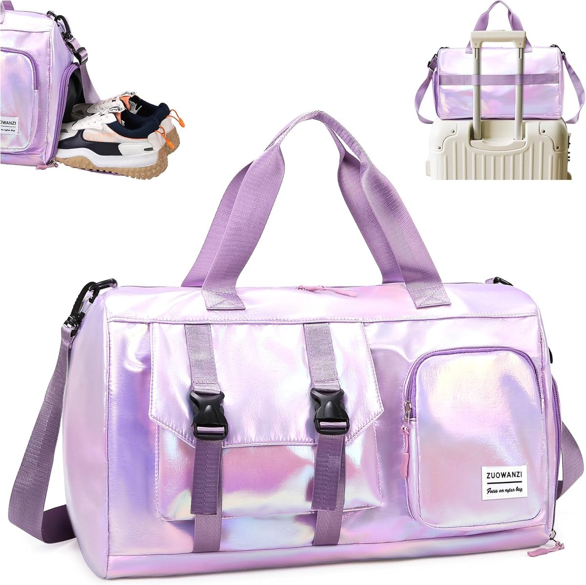 SnelShoppen - Sporttas Dames Meisje Opvouwbaar met Schoenenvak en Vochtige Vak Waterdicht Lichtgewicht Gymtas voor Zwemmen Reizen Sport Weekend Paars