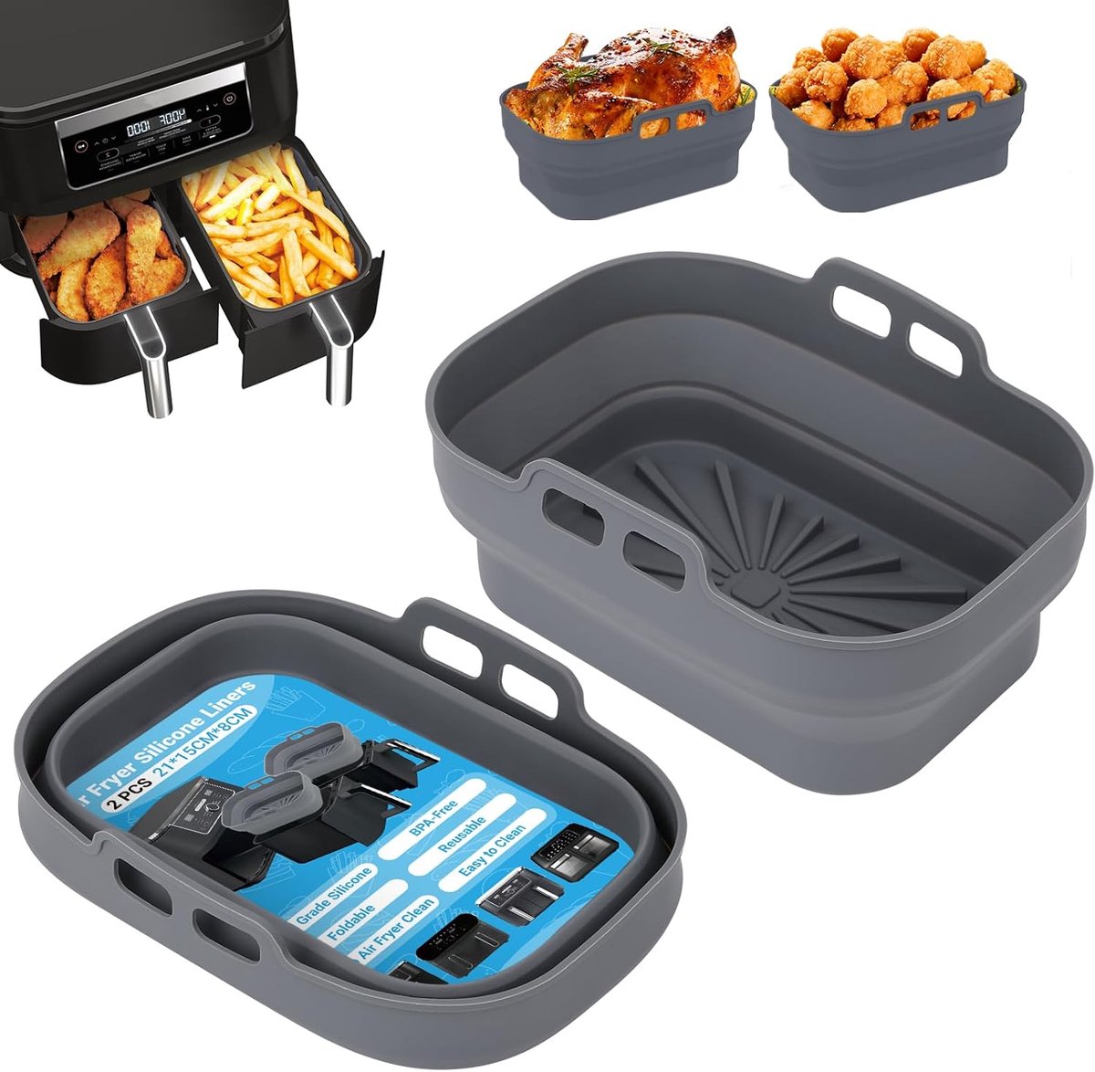 SnelShoppen - 2 Stuks Siliconen Air Fryer Potten - Herbruikbare Mandjes voor Heteluchtfriteuse - Opvouwbare Tray & Basket Liners - Geschikt voor Oven