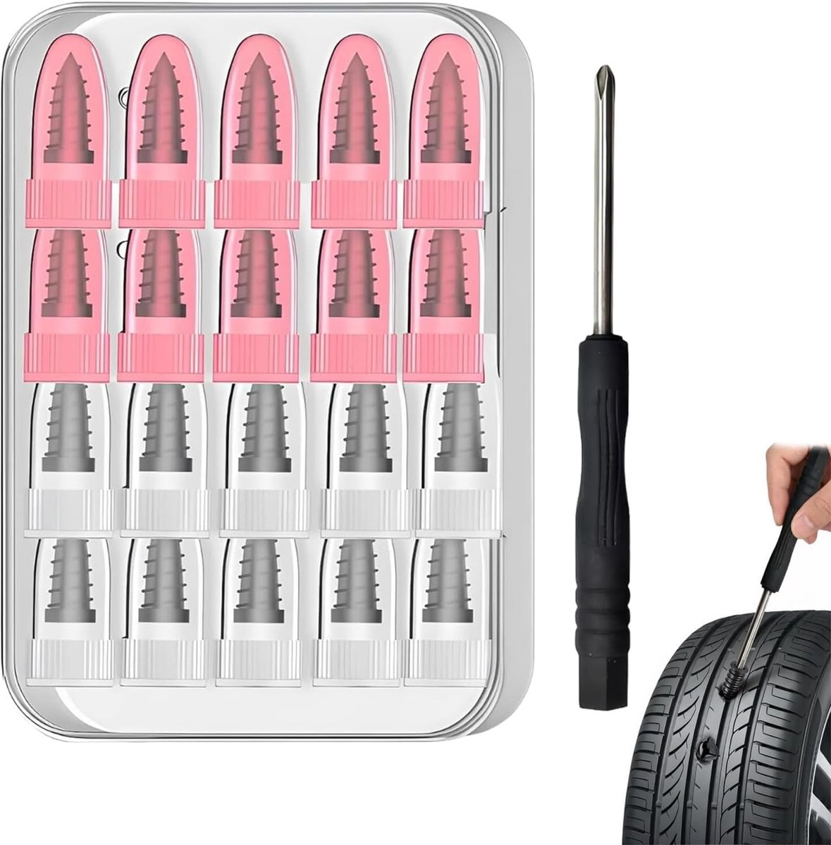 SnelShoppen - 20 Rubber Bandenreparatie Spijkers Set voor Auto en Motorfiets, Lekvrije Pneumatische Pinschroeven met Schroevendraaier, 10 Grote en 10