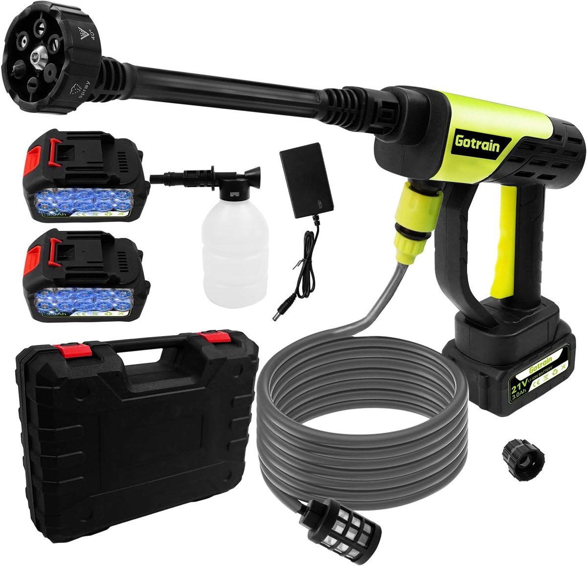 SnelShoppen - 6-in-1 Accu Hogedrukreiniger 21V 30 Bar Mobiel Draagbaar met 2x3.0Ah Batterijen, Schuimsproeier voor Auto, Huis, Tuin, Gazon, Hek, 5m Sl