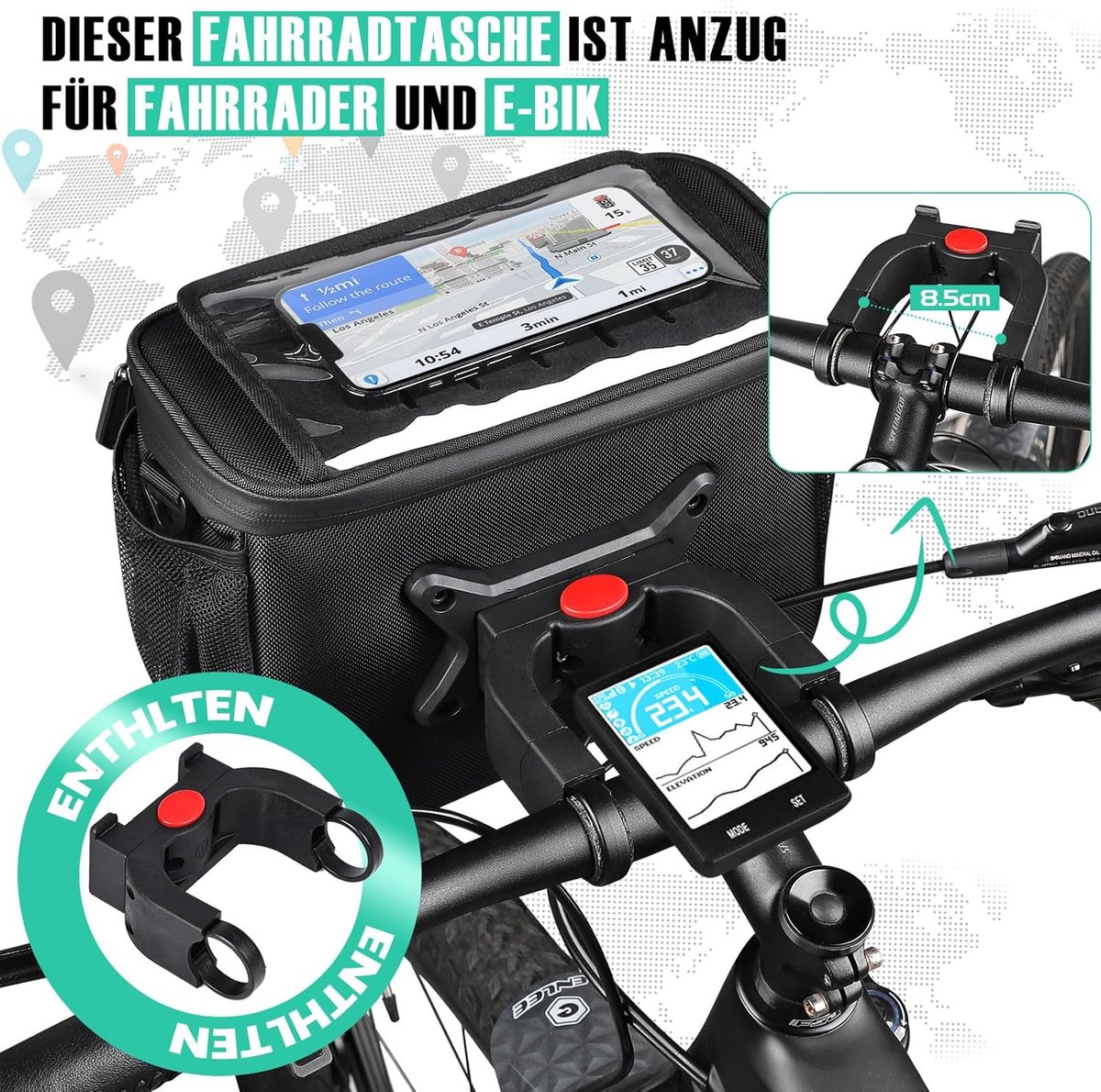 SnelShoppen - Fietstas, Stuurtas met Stuuradapter voor Fietsen, E-bike, Waterdichte 5L Fietsmand voor Voor, Perfect voor Fietstochten, Camping en Meer