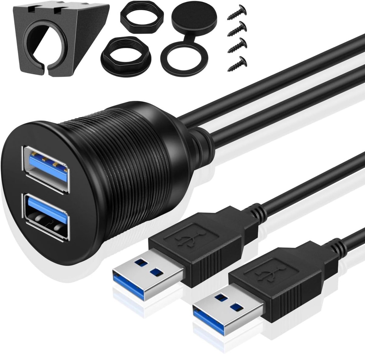 SnelShoppen - TNP Inbouwaansluitkabel 1 m, USB 3.0 Verlengkabel Dashboard, Ronde 2 x Stekker naar 2 x Busadapters voor Auto, Vrachtwagen, Boot, Motorf