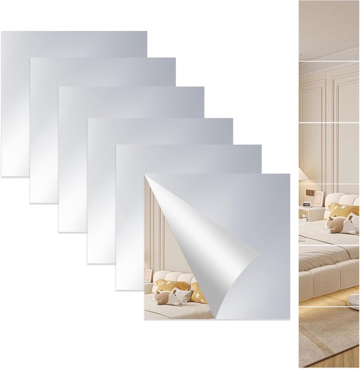 SnelShoppen - 6 stuks zelfklevende spiegels 20x20 cm - Flexibele acrylspiegel 2 mm dik - HD spiegelstickers voor badkamer, woonkamer, slaapkamer, kast