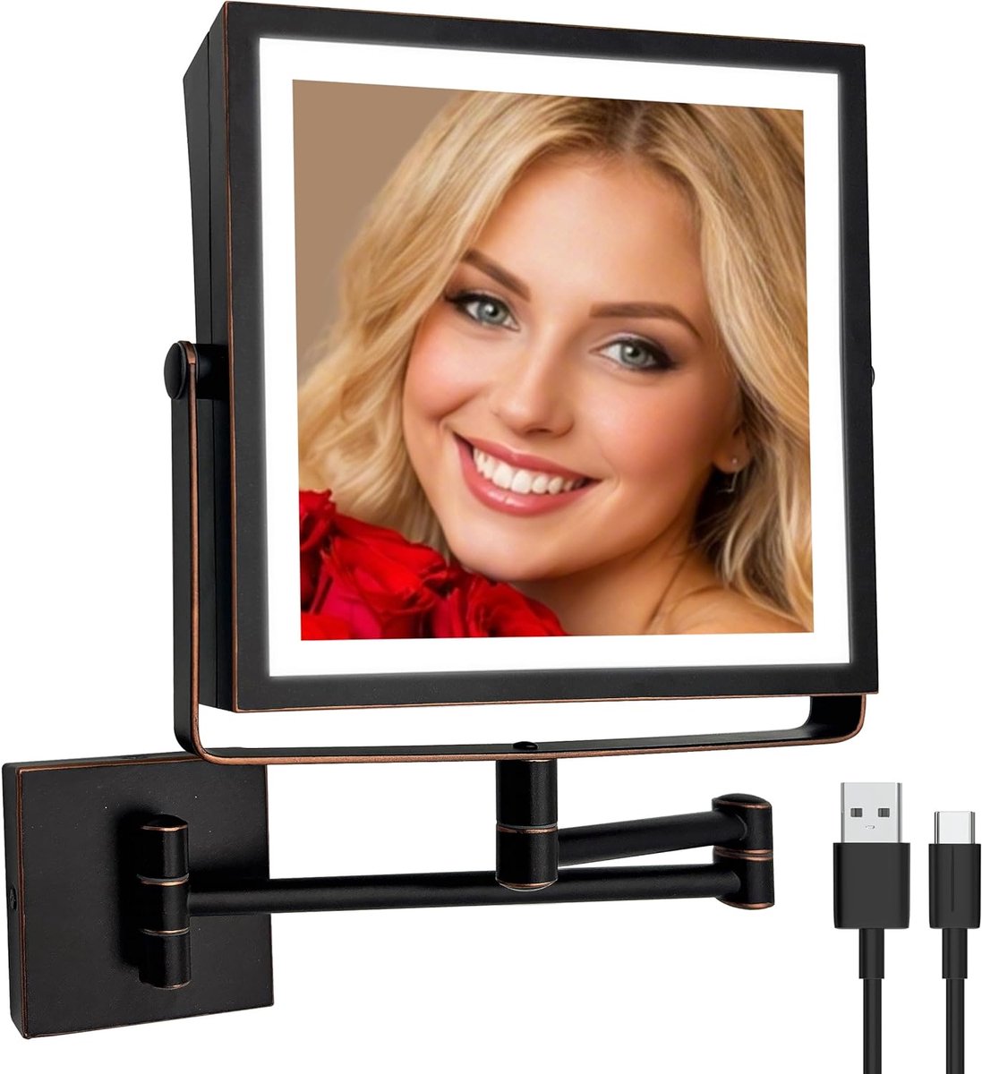 SnelShoppen - Oplaadbare Wandgemonteerde Make-upspiegel met Verlichting - Dubbelzijdige 1X/10x Vergroting - Dimbare Touchscreen - 3 Kleurverlichting -