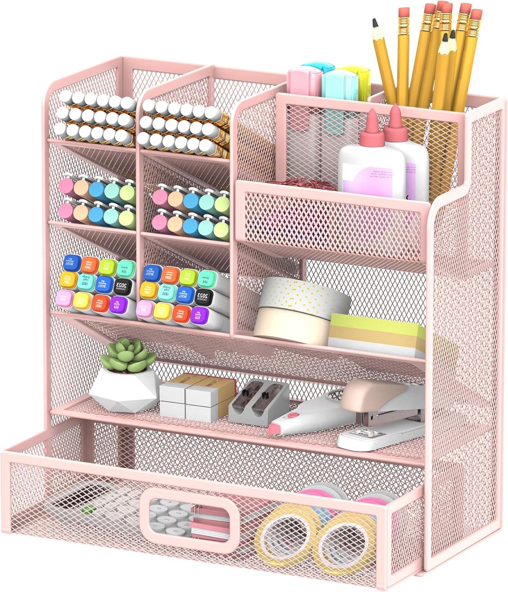 Thijox - SUPEASY Mesh Pennenhouder Bureau Organizer met Lade - Roze - Desk Organizer voor Kantoor, School en Creatieve Accessoires - Multifunctionele