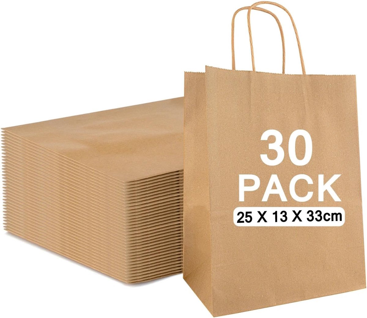 SnelShoppen - 30 Stuks Bruine Papieren Zakjes, Kraftpapier Cadeauzakjes 25 x 33 x 13 cm, Perfect voor Verpakkingen, Feesten, Bruiloften, Kerst, Verjaa