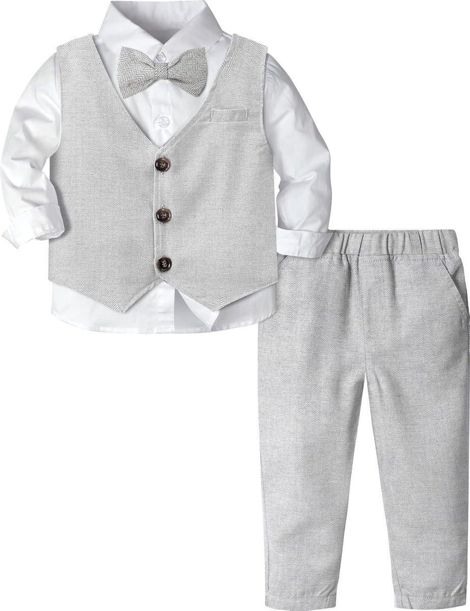 SnelShoppen - Mintgroen Babyjongens Bruiloft Pakken 3 Stuks - Visgraat Tweed Kleding Doop Kleding Set met Shirt, Vest, Broek en Vlinderdas voor Feeste