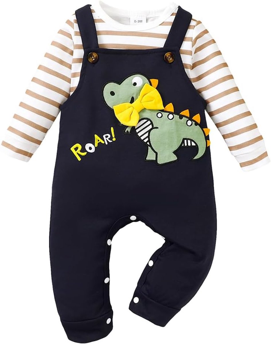 SnelShoppen - Baby Jongen Kleding Lange Mouw Streep Tops Dinosaurus Print Overall Verstelbare Jarretel Broek Outfit Set voor Feest, Speelplezier en Da