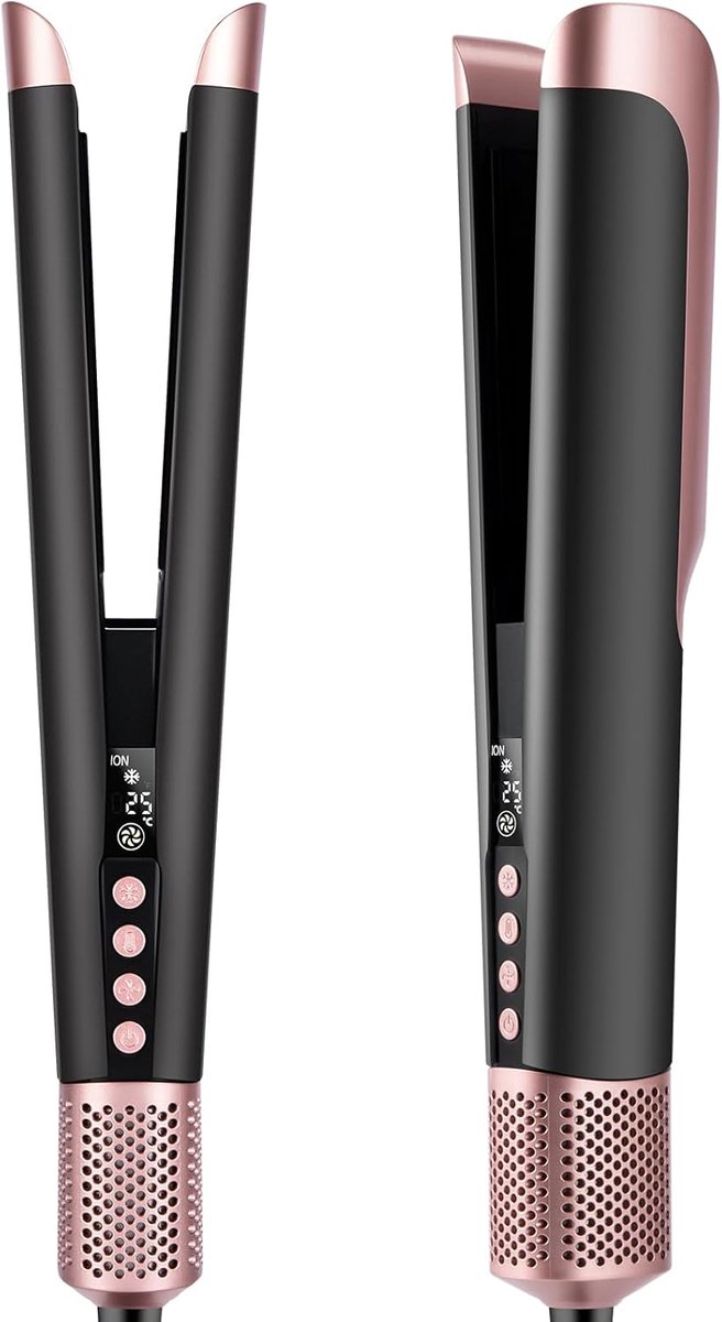 SnelShoppen - Air Stijltang en Haardroger 2-in-1, Hittevrije Stijltang voor Drogen en Gladmaken, 1300W, 110.000 omw/min, Zwart en Roségoud