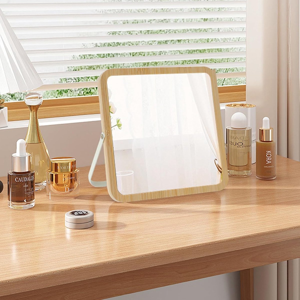 SnelShoppen - Houten Frame Desktop Ijdelheid Make-Up Tafelblad met Vouwbare Badkamer Muur Opknoping Spiegel - Vierkant 18x18cm, Veiligheidsfunctie, Mo