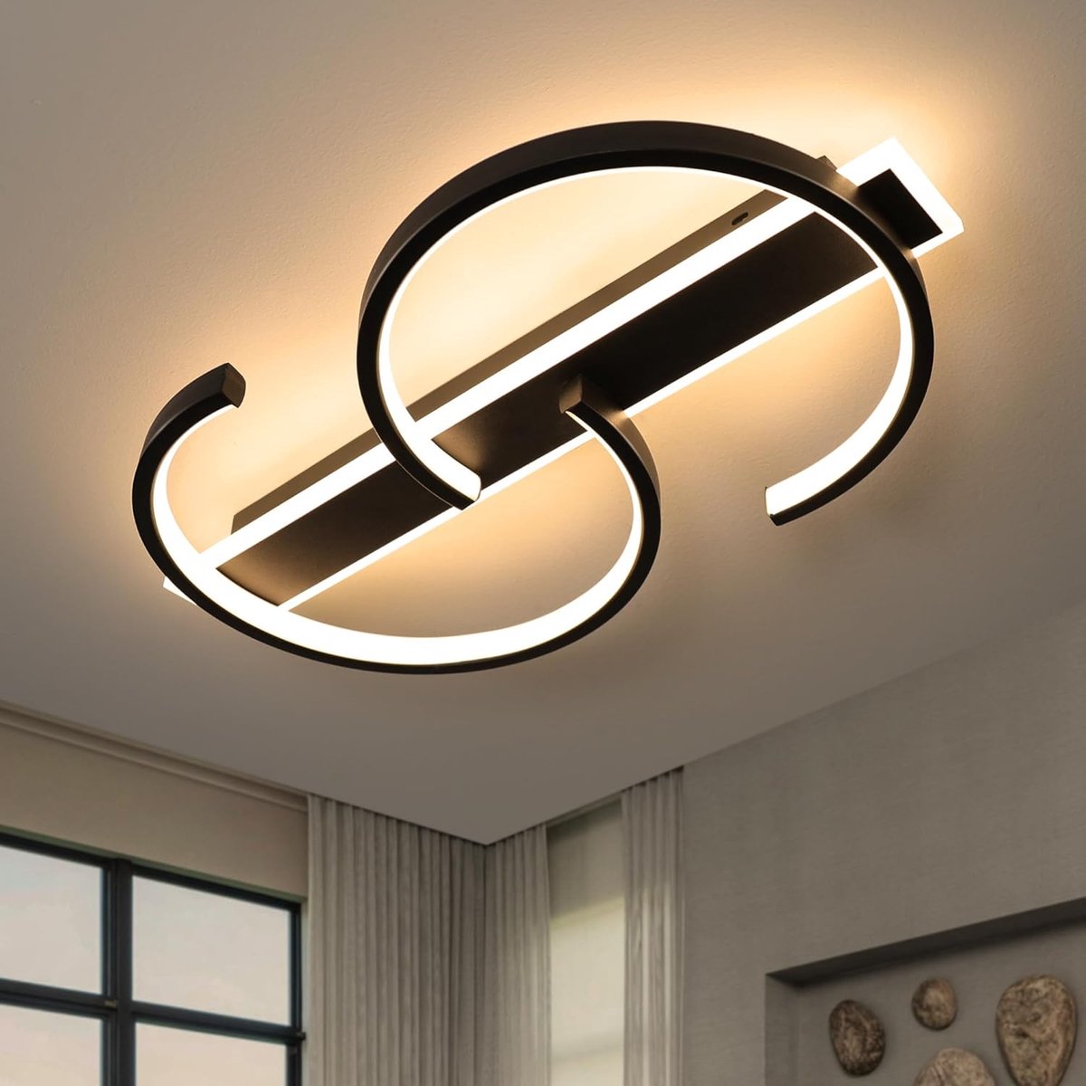 SnelShoppen - Dimbare LED Plafondlamp Zwart 35W met Afstandsbediening - Moderne 2-Rings Cirkelplafondlamp voor Woonkamer, Slaapkamer, Kantoor en Studi