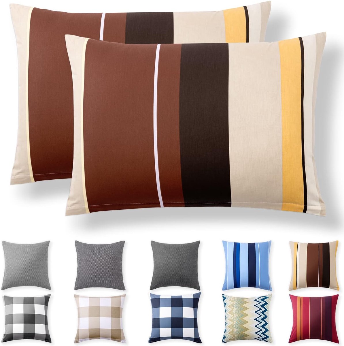 SnelShoppen - Set van 2 Hypoallergene Kussenhoezen 40x60 cm - 100% Katoen Renforcé met YKK Rits - Beige Streep - Ideaal voor Elk Seizoen