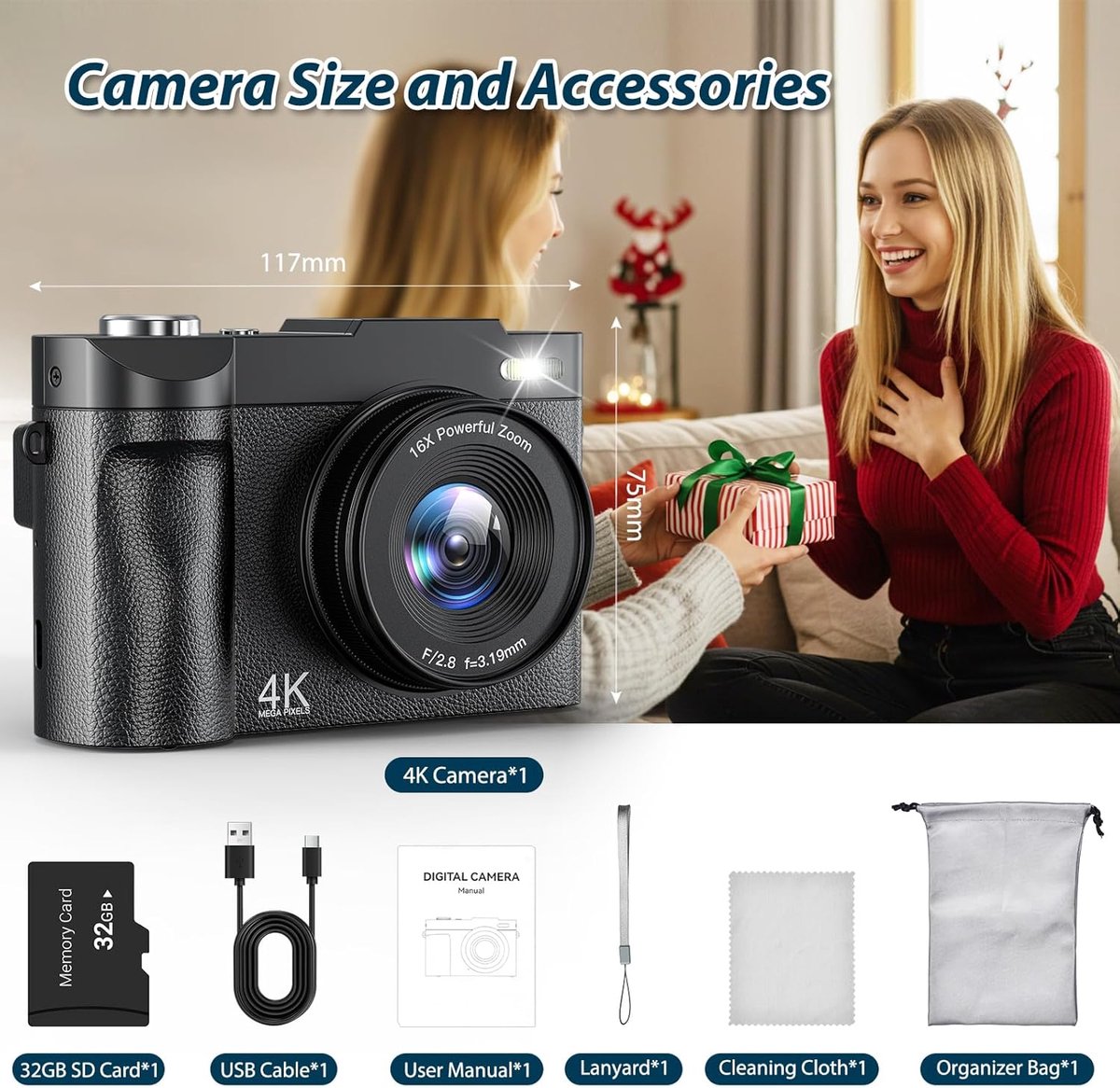 SnelShoppen - 4K Compact Digitale Camera 50MP met 16x Zoom Vlogging Camera incl. 32G Kaart voor Beginners, Tieners en Volwassenen thumbnail 2
