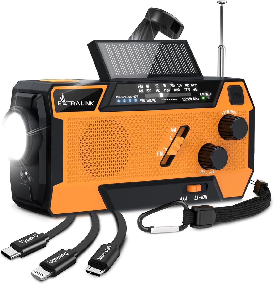 SnelShoppen - Emergency Radio met Solar Paneel, 4000mAh Powerbank, 3 Oplaadkabels, FM/AM Radio, LED Zaklamp en Lezen Licht, SOS Alarm voor Camping, Ou