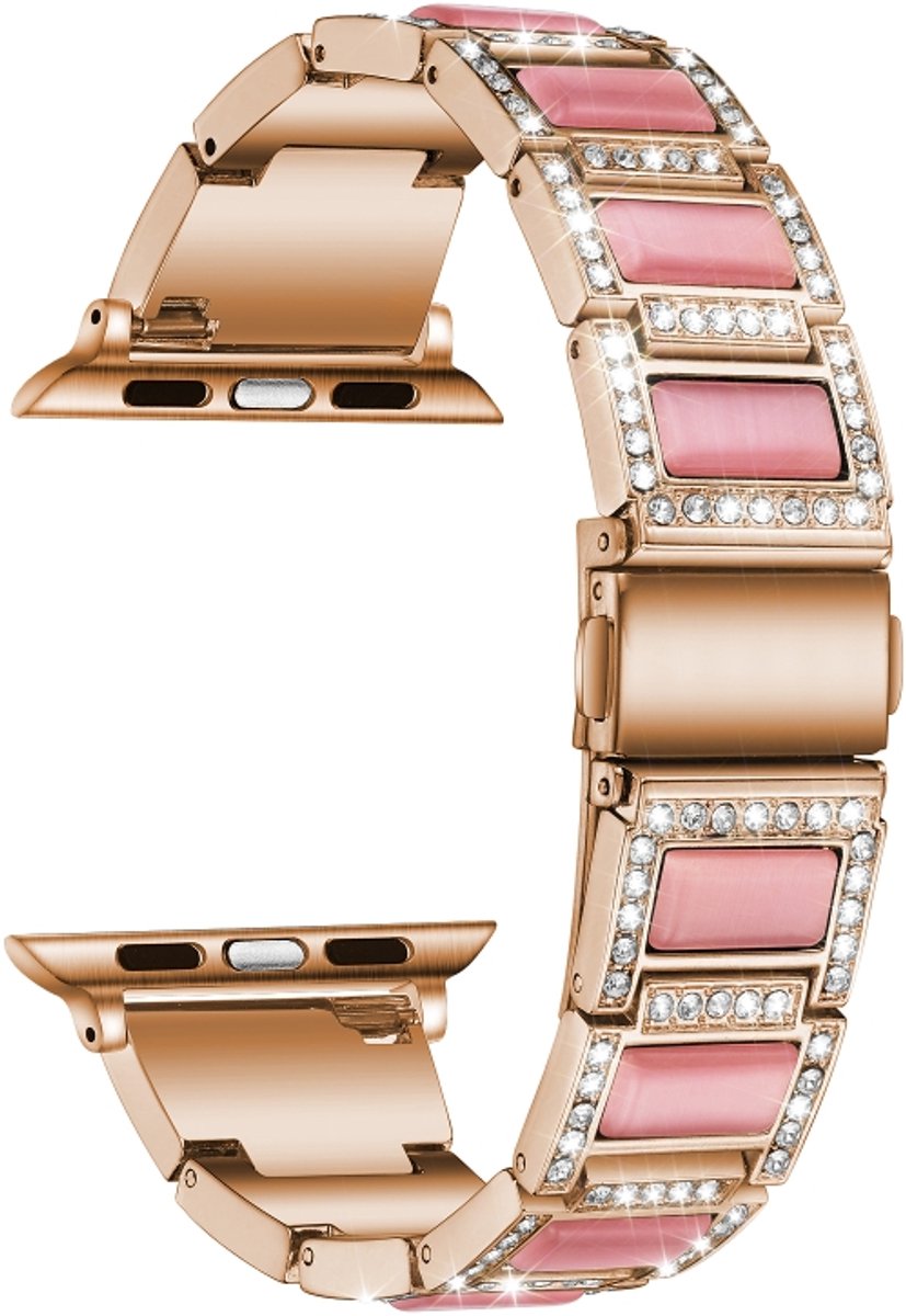 22mm metalen opaal horlogeband voor Apple Watch Series 7 41mm / 6 & SE & 5 & 4 40mm / 3 & 2 & 1 38mm (Rose Gold + Pink)