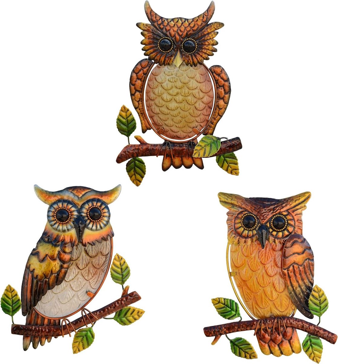 Uil Decoratie - Muurkunst Vogel - Huis en Tuin - Handgeschilderd Metaal - Set van 3 - Multicolor