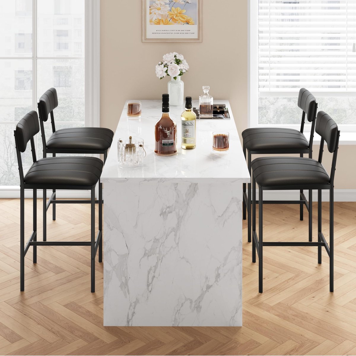 Moderne gestoffeerde eetkamerstoelenset, comfortabele keukenstoelen met gebogen rugleuning en metalen poten voor eetkamer, woonkamer, appartement, zwart