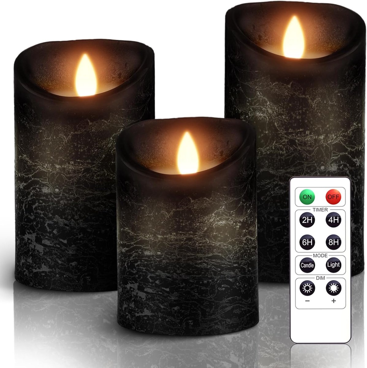 SnelShoppen - LED Kaarsen Set van 3 - Vlamloze Kaarsen met Flikkerende Vlam - Afstandsbediening en Timer - Wax en 3D Lont - Zwart - Voor Buiten, Kerst