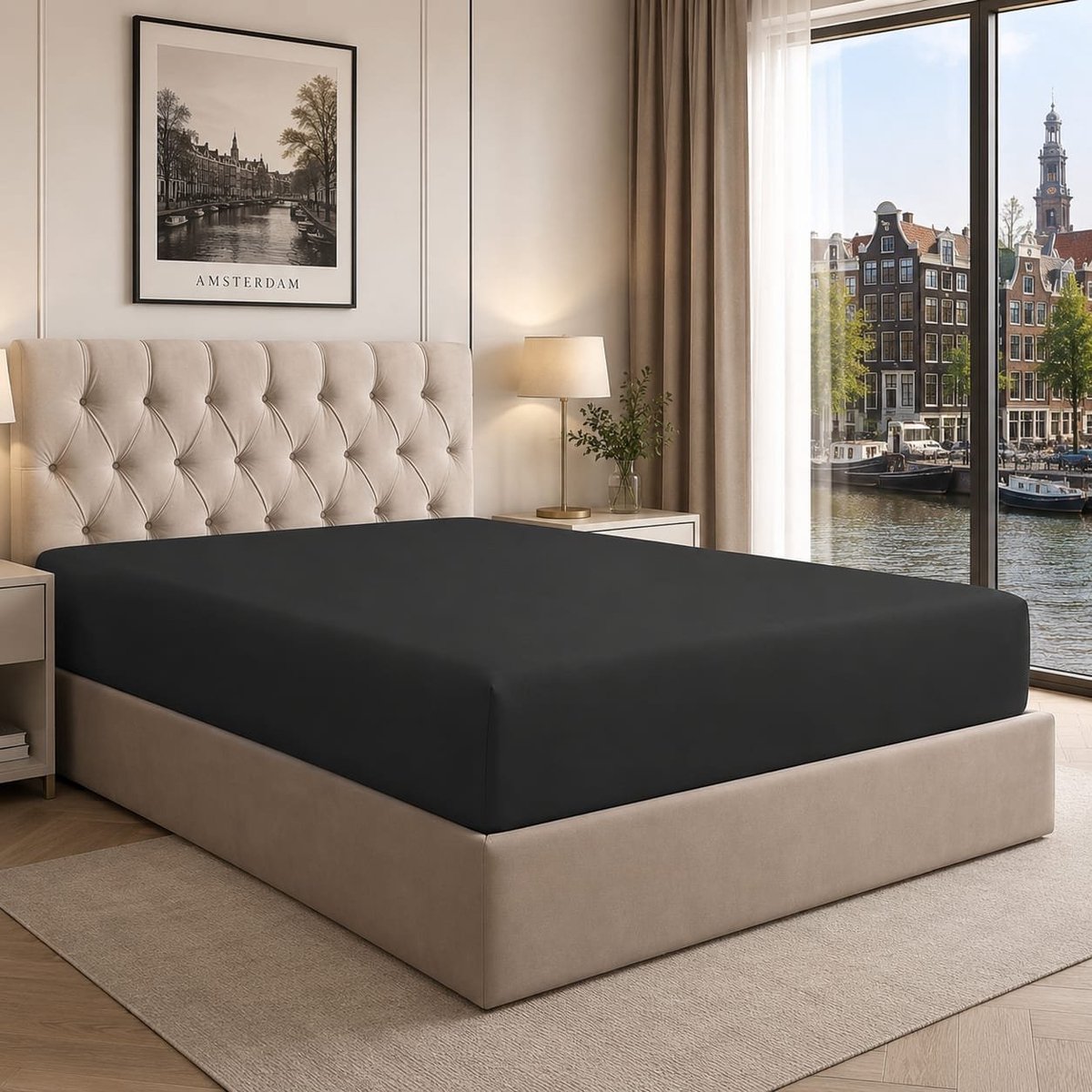 Lano&Go Hoeslaken 200x200 cm - 40 cm Diepe Hoek - Geborstelde Microvezel - Geschikt voor Boxspring - Past op Matrassen tot 40 cm - OEKO-TEX - Krimp- en Kleurvast - Zwart