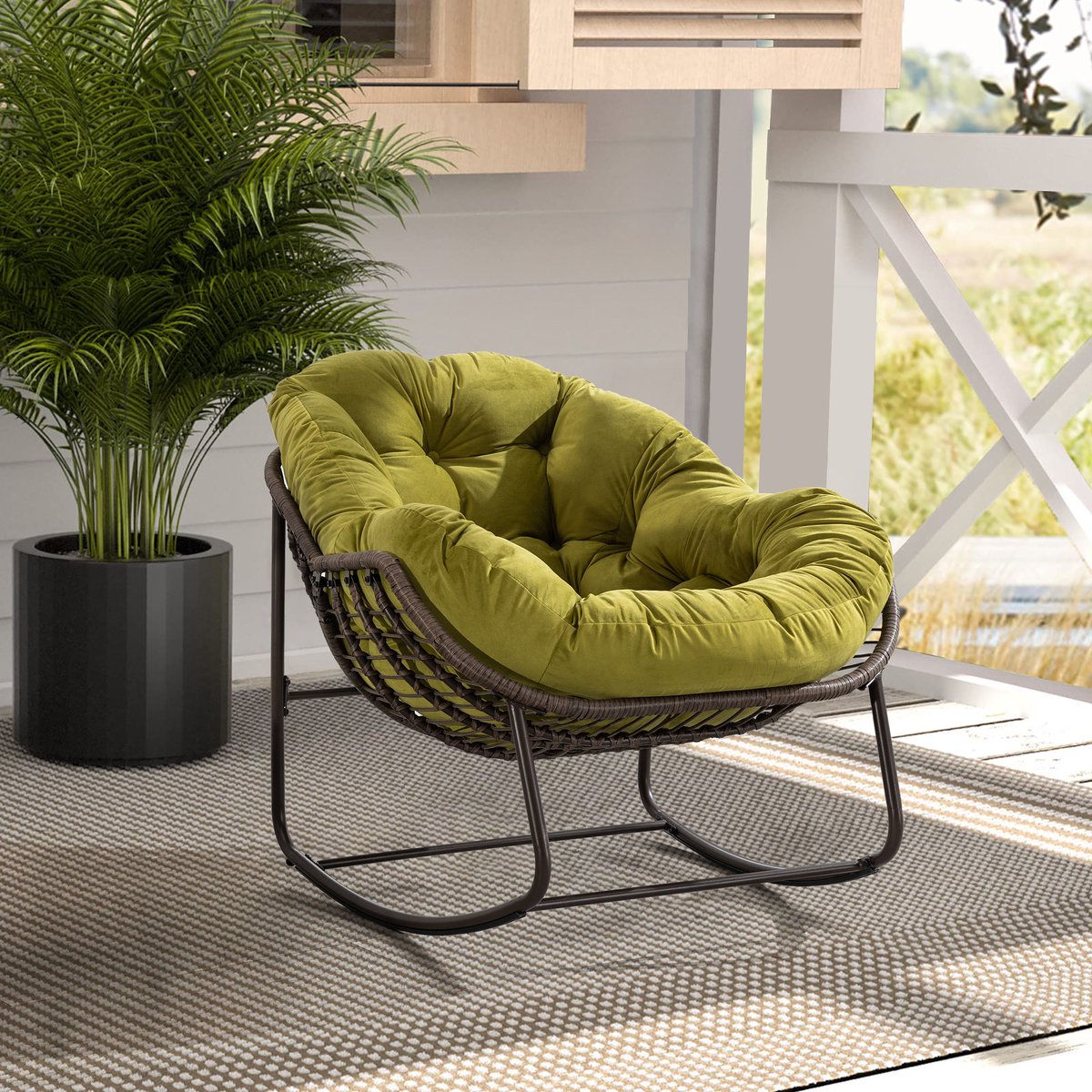 Intebiki fauteuil - schommelstoel tuin buiten - loungestoel - rotan tuinstoel - geschikt voor balkons, gangen, tuinen, achtertuinen en patio's - Olijfgroen