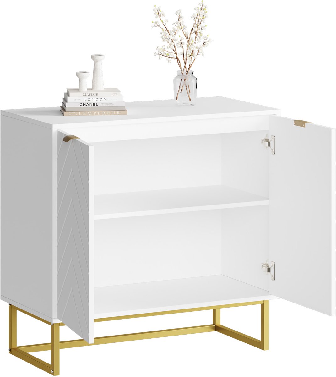 Modern Visgraat Dressoir met 2 Deuren - Goudkleurige Metalen Poten - Opberg Buffetkast voor Eetkamer Woonkamer hal - Wit - 80x40x77,5cm