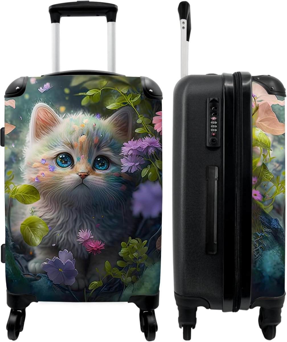 SnelShoppen - Harde Reiskoffer Kindertrolley met 4 Wielen, TSA-slot, Grijze Kitten in Natuur, Middelgroot 67x43x25 cm, Ideaal voor Kinderen en Volwass