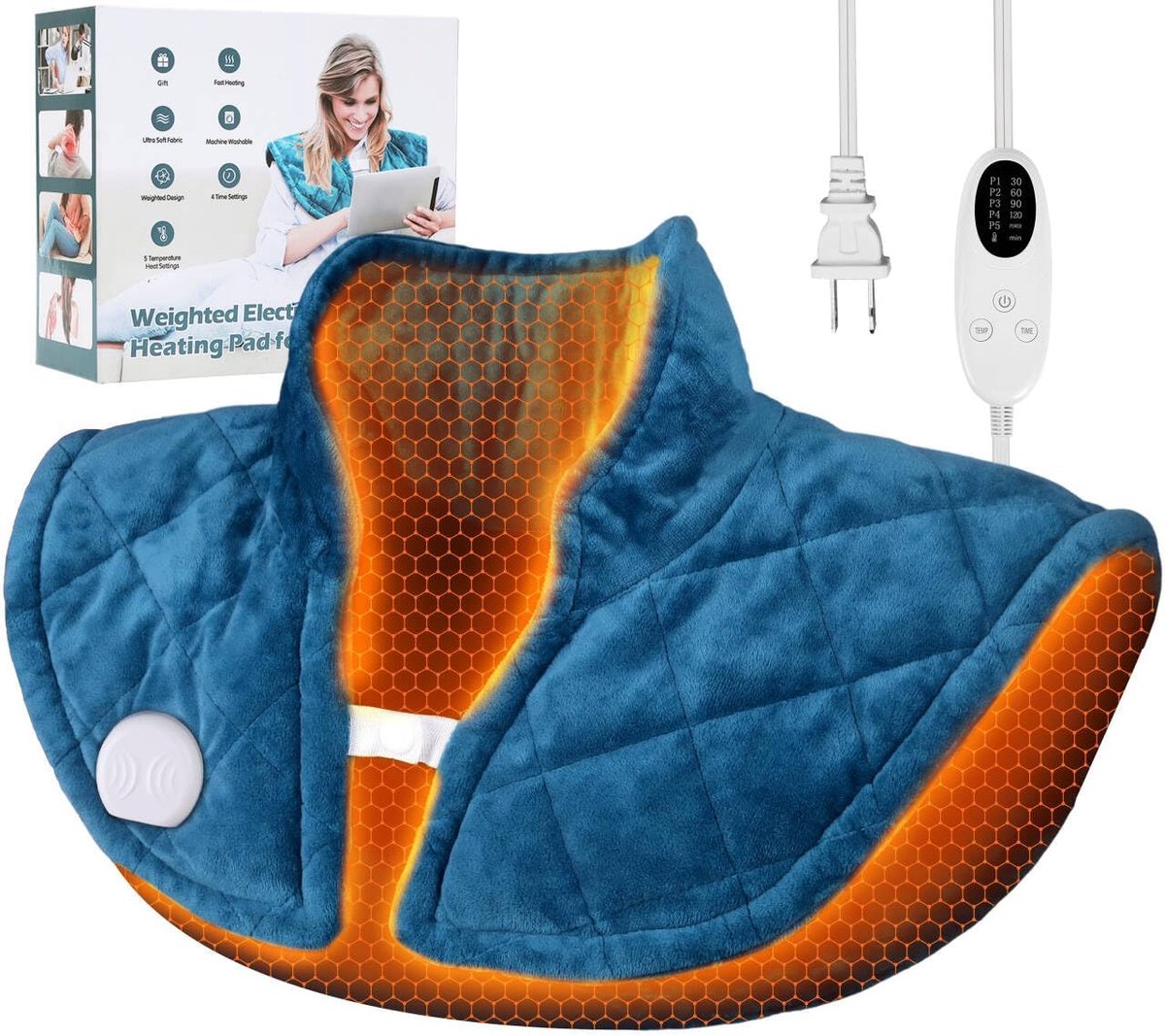 SnelShoppen - Elektrisch verwarmingskussen voor nek en schouders, 5 warmtestanden, 4 timers, zacht flanel, 2,5 lbs, 48 cm nekomtrek, machinewasbaar, 2