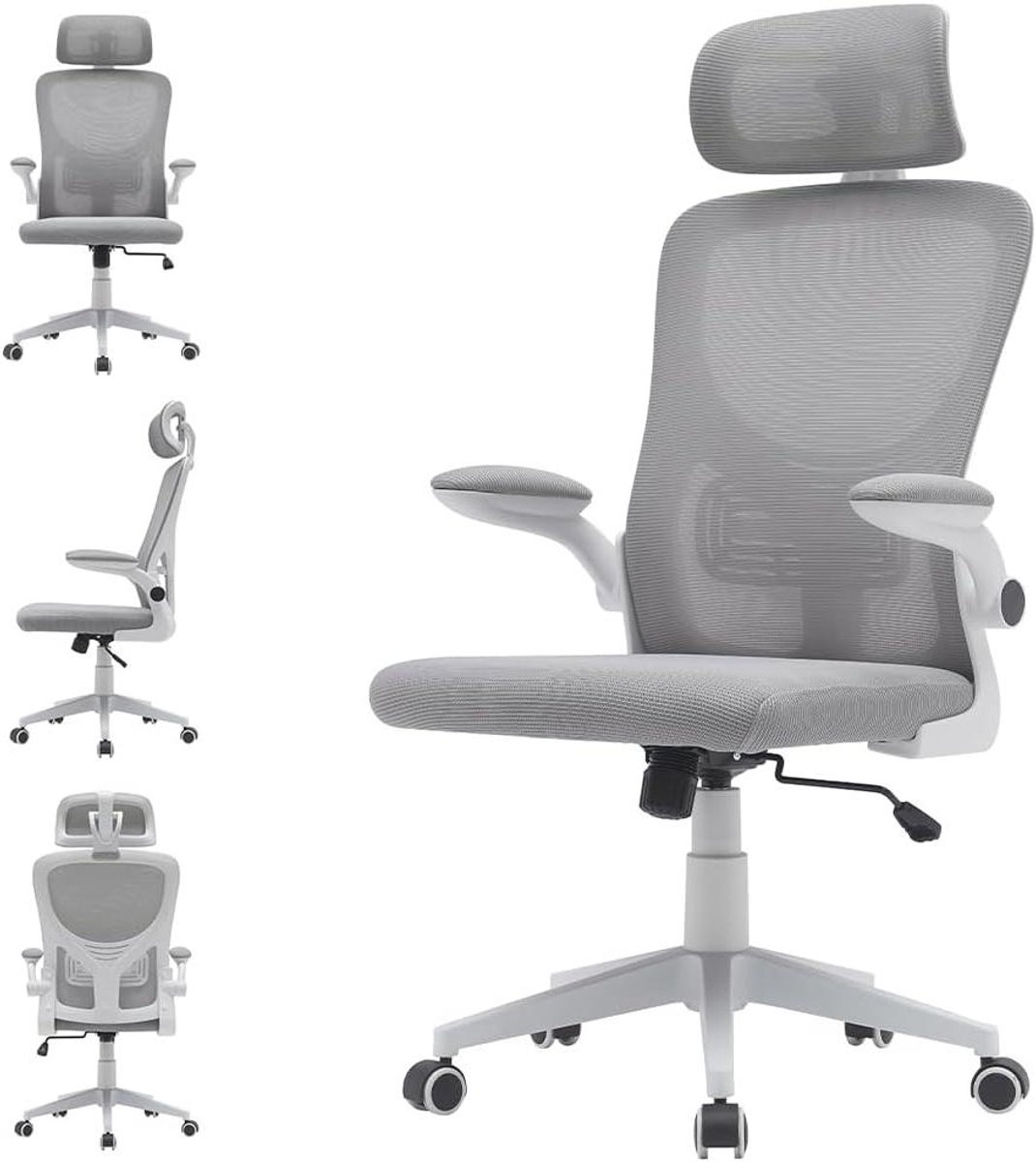 Ergonomische Bureaustoel - Comfortabele Werkstoel - Langdurig Zitten - Lendensteun Neksteun - 116-126 cm - Grijs