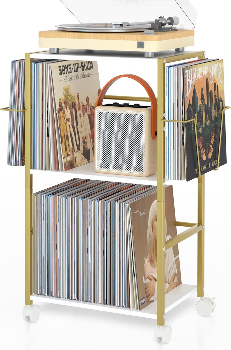 SnelShoppen - Record Cabinet met 2 Vinyl Displays en Bijzettafel – Turntable Meubel voor tot 150 Platen, Vinyl Opbergkast en Turntable Stand voor Woon