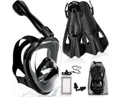 SnelShoppen - Adult Snorkel Set met Full Face Mask, CO2 Veilige Snorkel, Verstelbare Fins, 180° Gezichtsveld, Camera Houder, Waterdichte Telefoonhoes