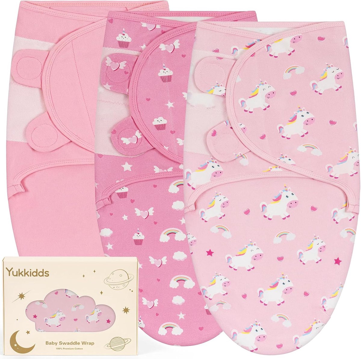 SnelShoppen - Baby Swaddle Blanket 0-3 Maanden - 100% Katoen Newborn Swaddle Bag - Verstelbare Slaapzakken - 3 Pack Roze Eenhoorn - Essentiële Babypro