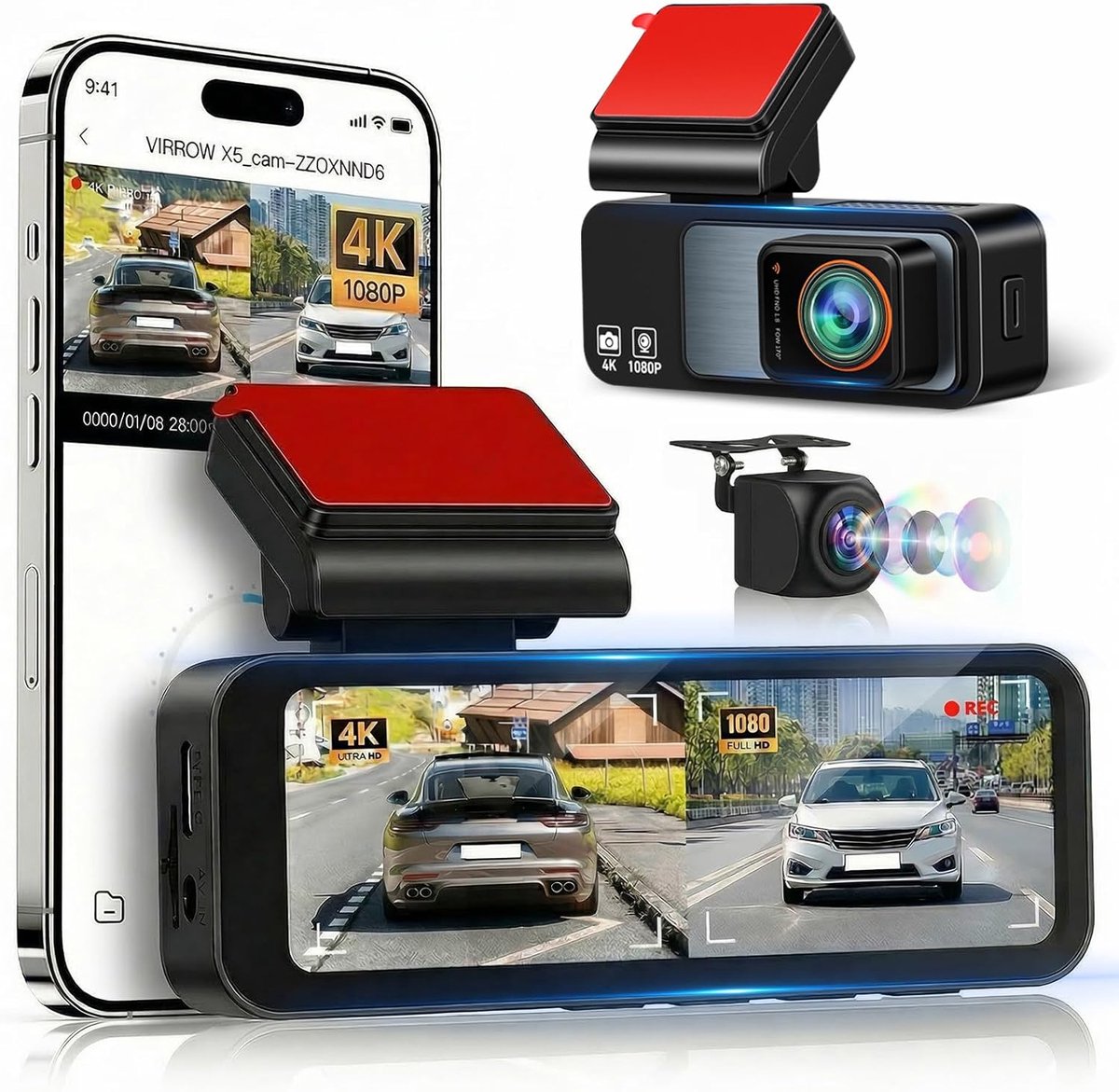 SnelShoppen - 4K Dual Dash Cam Voor Auto's Voor- en Achteruit, 3.16" Scherm, GPS & WiFi, 150° Hoek, Nachtzicht, G-Sensor, Parkeerbewaking, Loopopname,