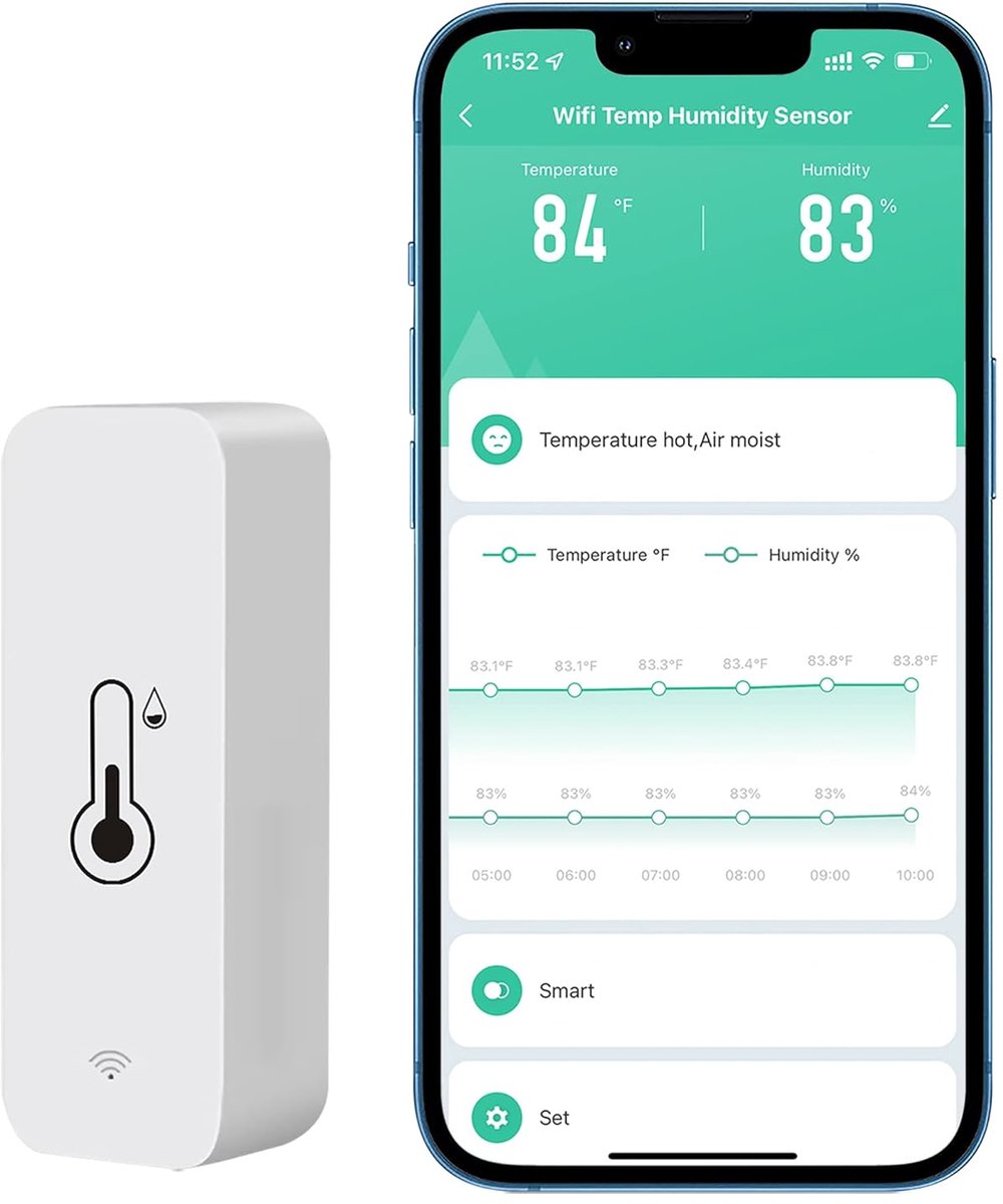 SnelShoppen - WiFi Hygrometer Thermometer Sensor - Draadloze Temperatuur en Vochtigheid Sensor met App Notificatie Alarm - Compatibel met Tuya App - C