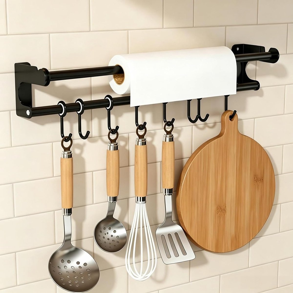 SnelShoppen - Wandrek Keuken Bar 50 cm - Keukengerei Houder met 8 Verplaatsbare Haakjes - Ruimtebesparende Ophangstok voor Spatels, Lepels en Snijplan