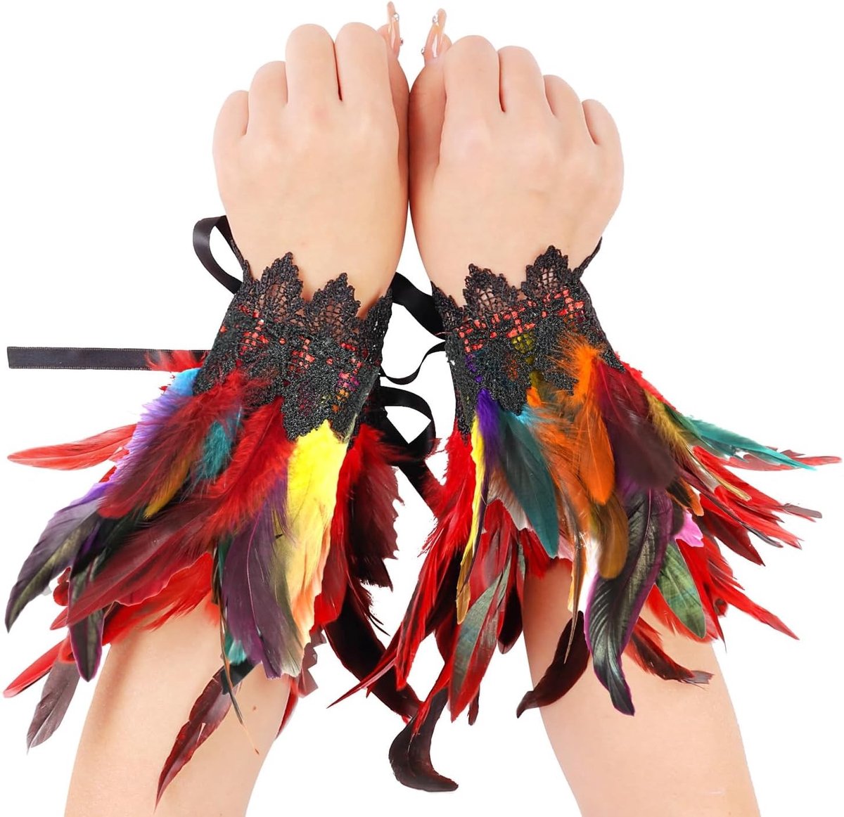 Feather Armbanden en Lange Lente Handschoenen voor Halloween, Carnaval en Gothic Feestjes - Zwart Decoratief Accessoire