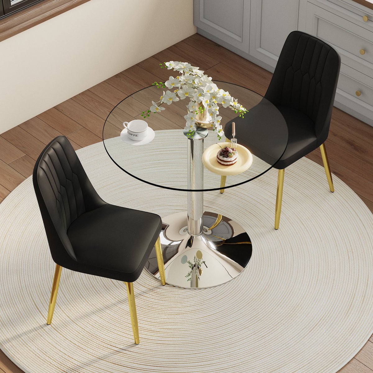 DESMIU Set Tafel En Stoelen 85 Cm - Ronde Glazen Eettafel Met 2 PU Eetkamerstoelen - Voor Eetkamer En Keuken - Metaal Kunststof Zwart Goud Zilver