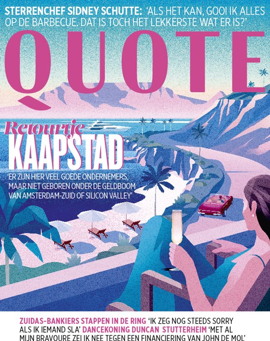 Illustratie van een bergachtig landschap met de tekst 'Retourie Kaapstad'