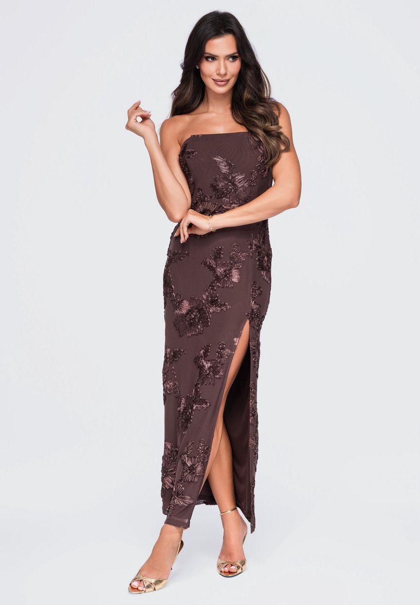 LARICA Jurk - Strapless - Rits - Gebloemd Bruin L