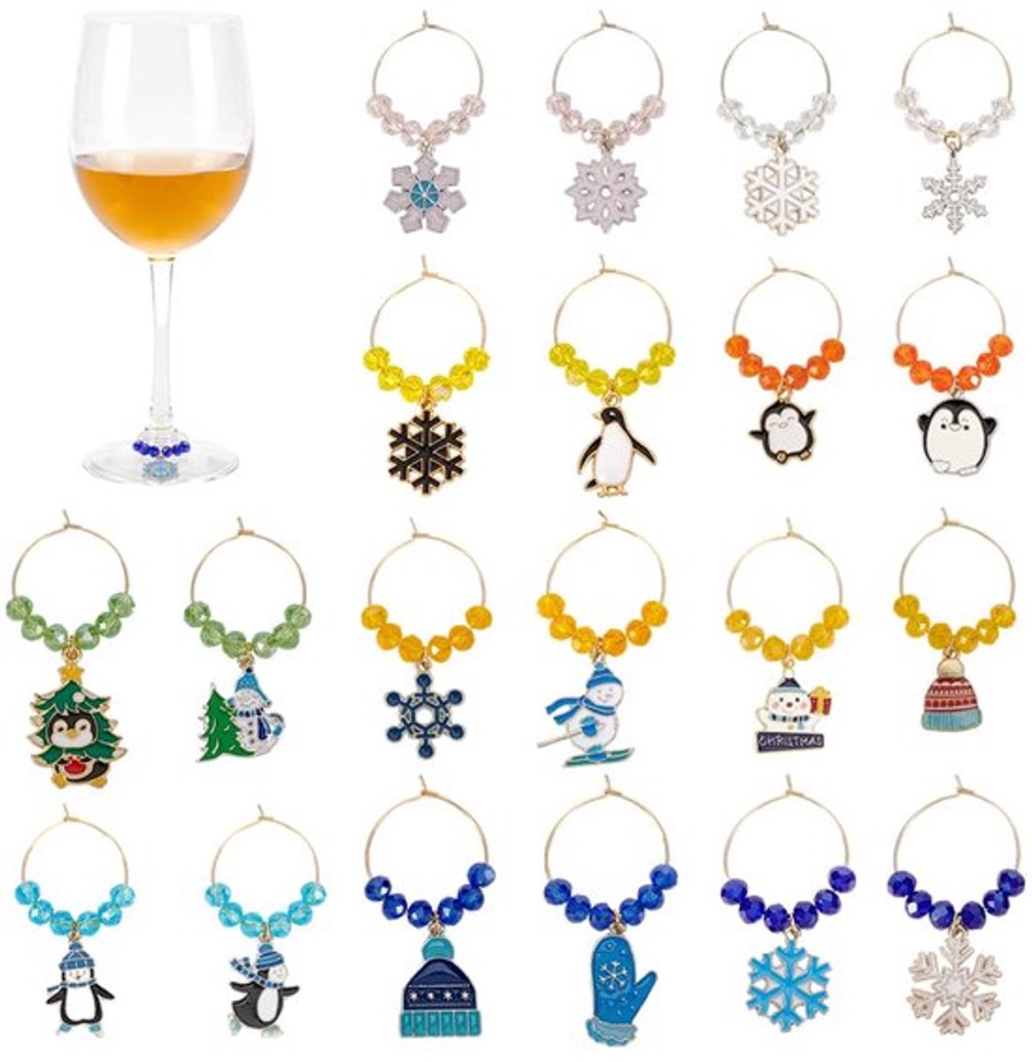20ST Winter Thema Glas Wijn Bedels Messing Wijn Bedels Markers Feestelijke Drink Markers Glas Kristal Bead Chrams Ringen Glas Wijn Identifier met Emaille Bedels Wijn drinker Gift
